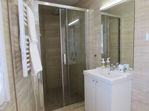 Shower, hair dryer, towels, soap