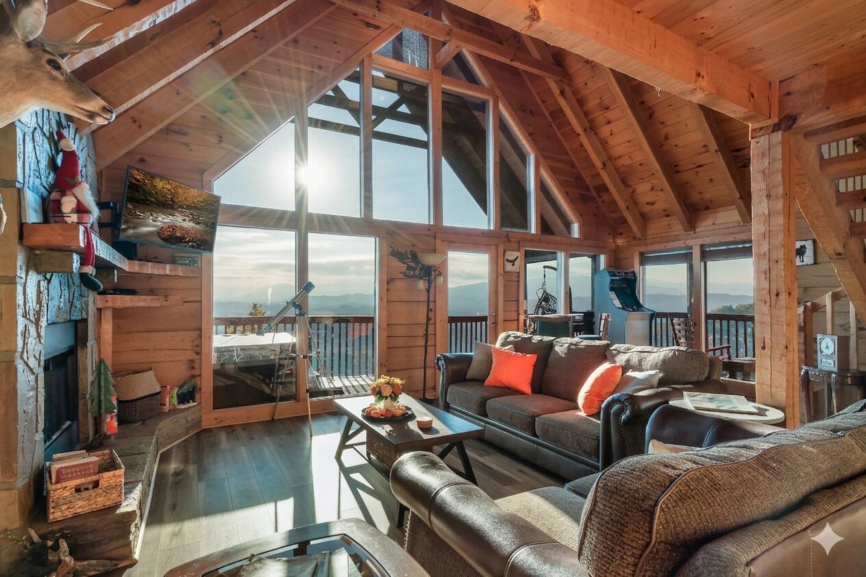 L’intérieur chaleureux d’un chalet avec un plafond en bois, de grandes fenêtres, une cheminée et un balcon offrant une vue imprenable.