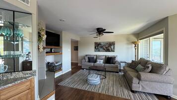 Flat-screen TV, fireplace, DVD player, books