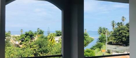 A balcony with a view of a river and palm trees.