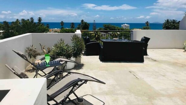 Eine Dachterrasse mit Blick auf das Meer, Gartenmöbel und Blumentöpfe.