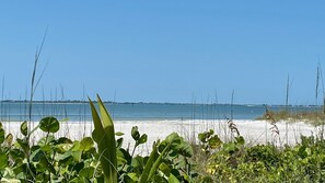 En la playa, camastros y toallas de playa 