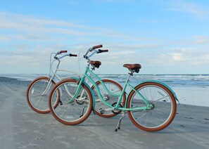 On the beach, sun loungers, beach towels