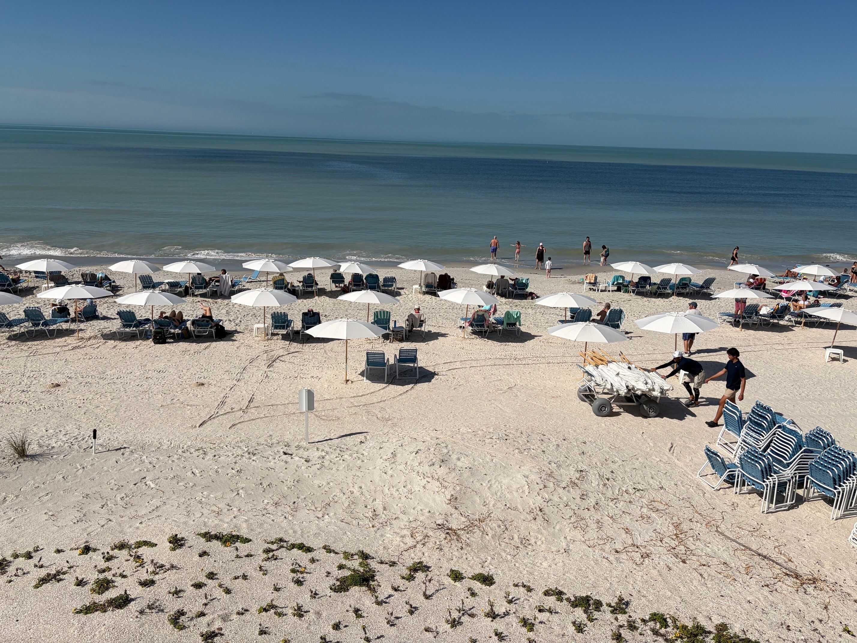 Una spiaggia con file di ombrelloni e lettini, cielo sereno e l'oceano sullo sfondo.