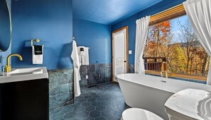 Bathtub, hair dryer, towels, shampoo