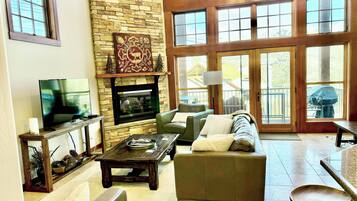 TV connectée, cheminée, livres