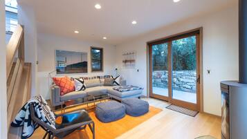 Televisión, chimenea y libros