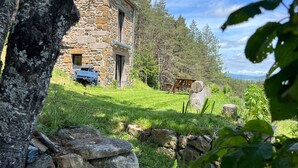Un edificio de piedra con una escalera de piedra que conduce a una puerta, rodeado de vegetación y árboles.