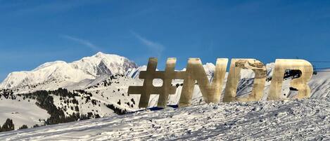 A snowy mountain landscape with a large '#NDR' sign in the foreground.