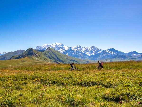 Un paysage montagneux avec des cyclistes dans un champ.