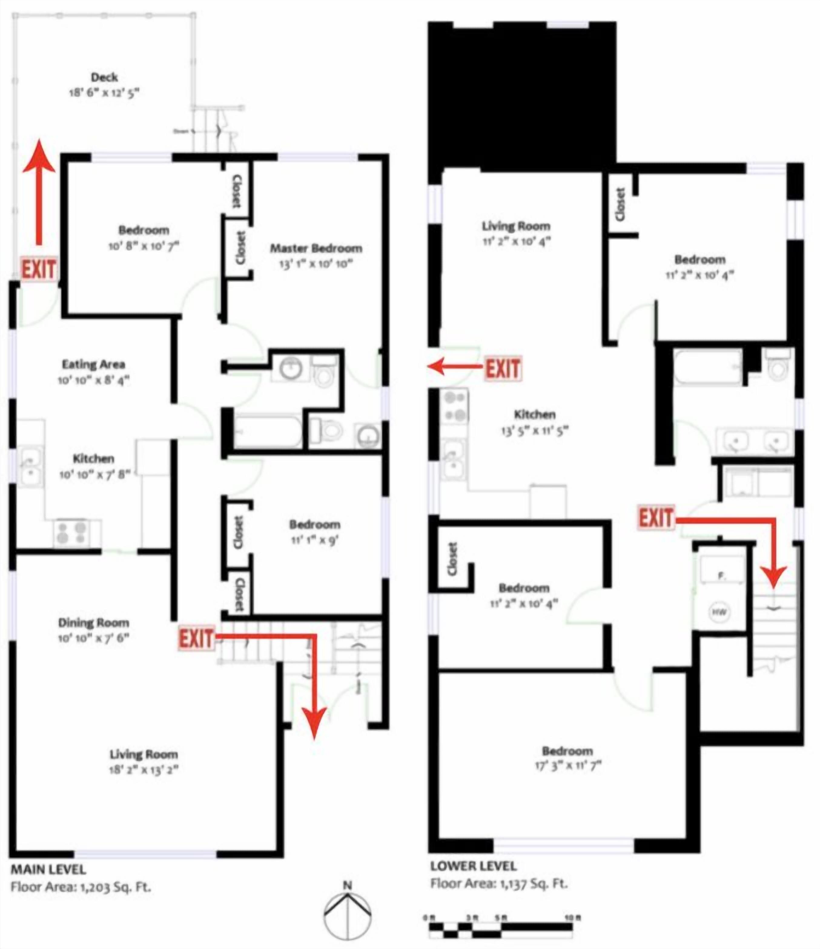 A floor plan of a hotel with a main level and a lower level, including rooms, a deck, and exits.