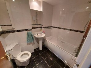 Ensemble baignoire-douche, séchoir à cheveux, serviettes fournies, savon
