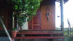 A wooden building with a porch, steps, and a potted plant.