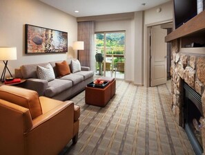 TV, fireplace, books, stereo