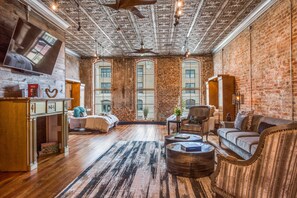 TV, peis, bøker og musikkbibliotek