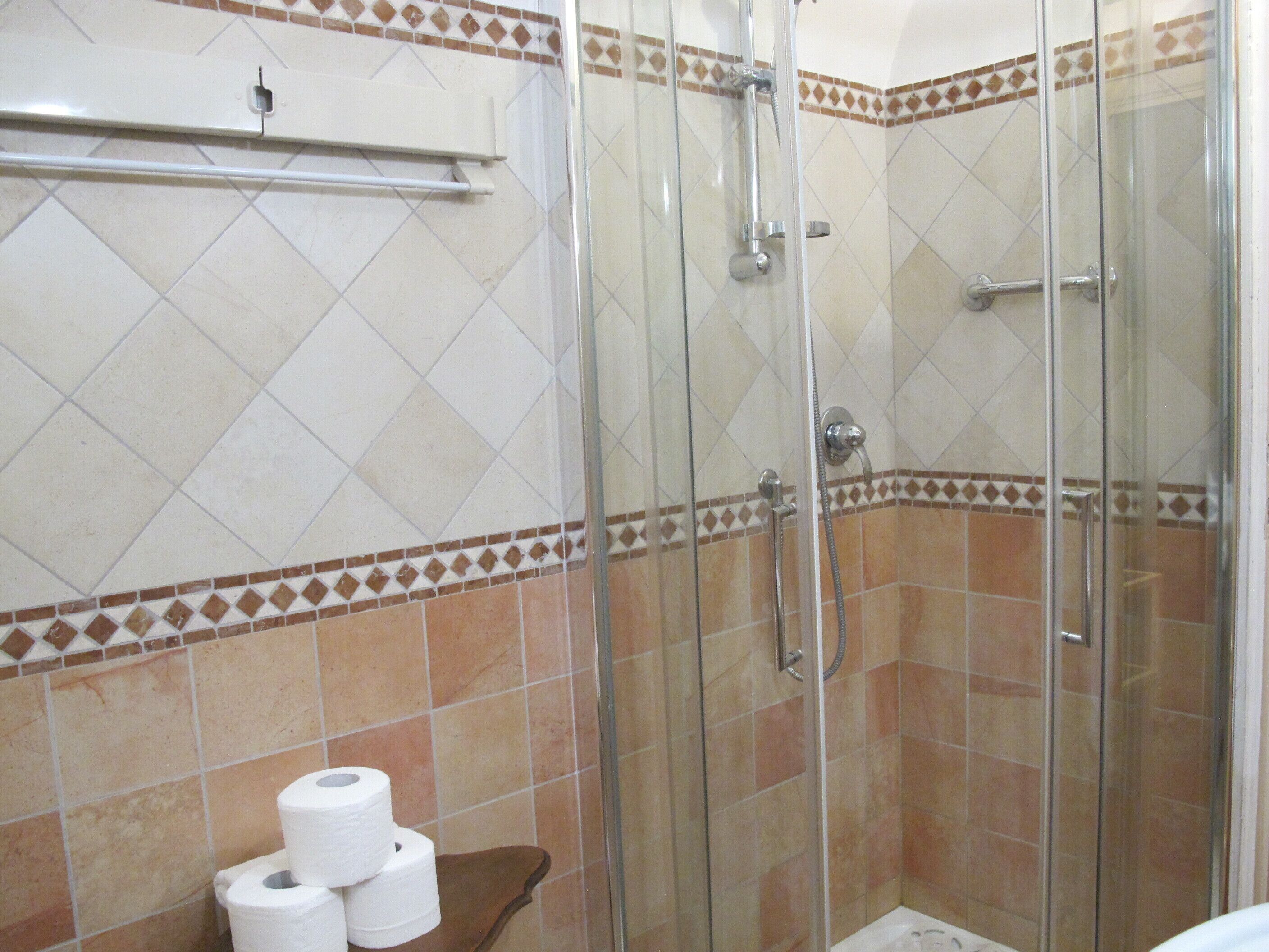 A shower with a glass door, a towel rack, and a toilet paper holder.