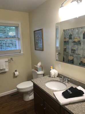 Badkar/dusch, hårtork, handdukar och tvål