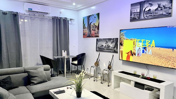 Un salon moderne avec un canapé gris, une table basse ornée d’une plante, un téléviseur et des œuvres d’art accrochées au mur.