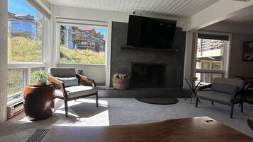 Smart TV, fireplace, books