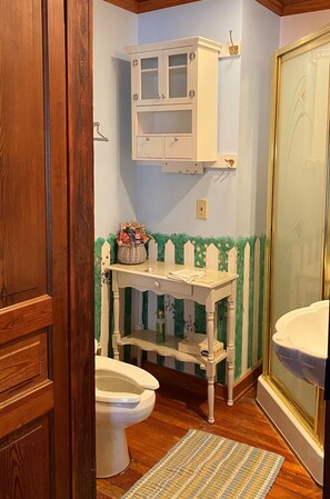 Combined shower/bathtub, jetted bath, hair dryer, towels