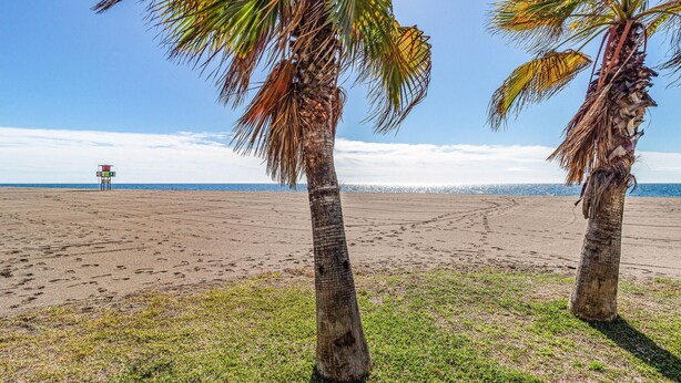 A beach with two palm trees and a lifeguard tower in the distance. - Villa Natalia (Benajarafe)