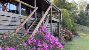 A wooden building with a covered porch and stairs leading to a deck. - Bush Farm overlooking quiet valley  (Clarence Town)