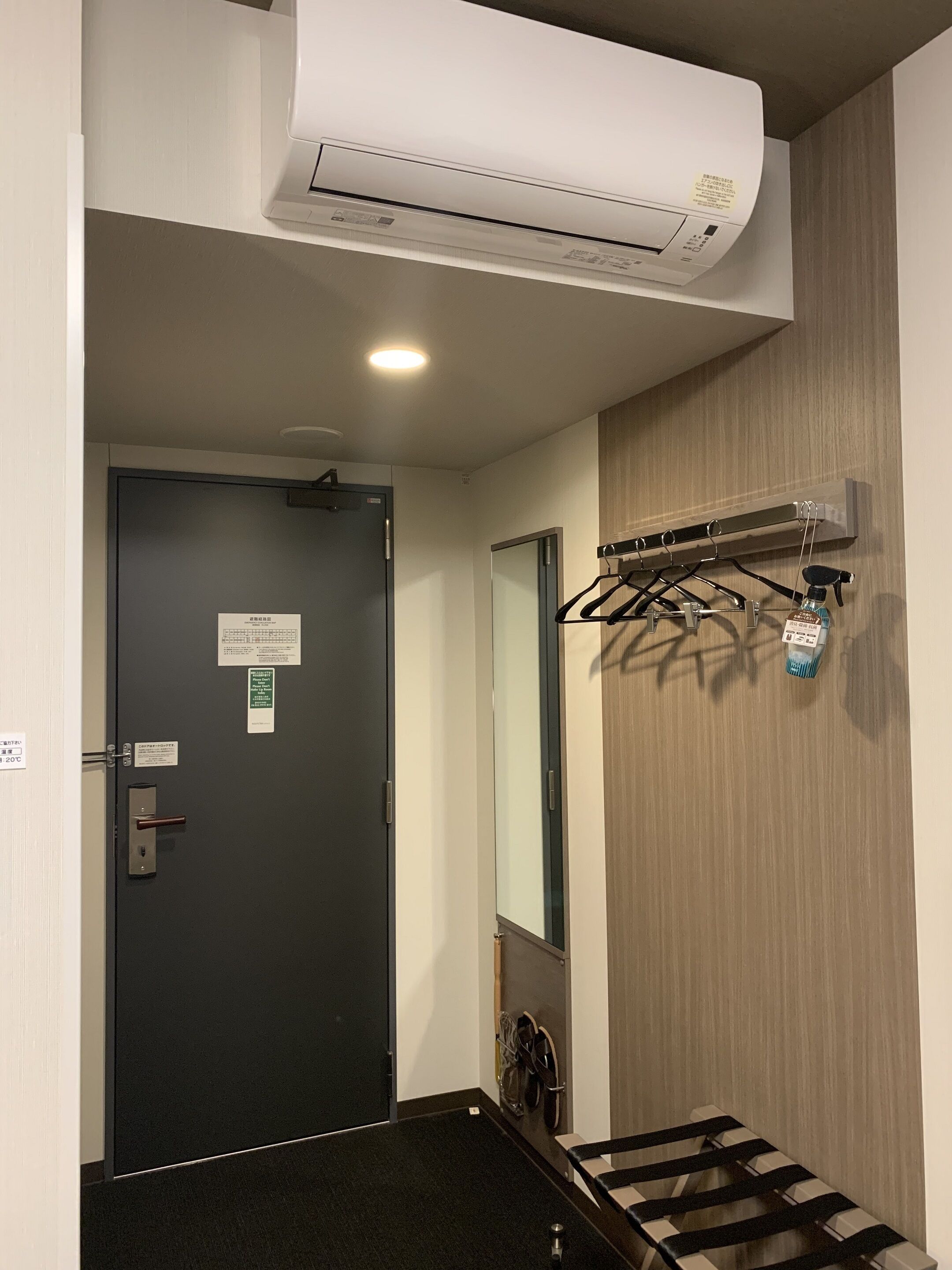 Un couloir avec une porte noire, un climatiseur fixé au mur et un porte-manteau sur lequel est posé un vaporisateur.