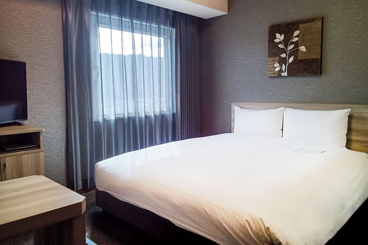 Ett hotellrum med en säng, en tv på ett träställ, ett fönster med tunna gardiner och ett konstverk som hänger på väggen.