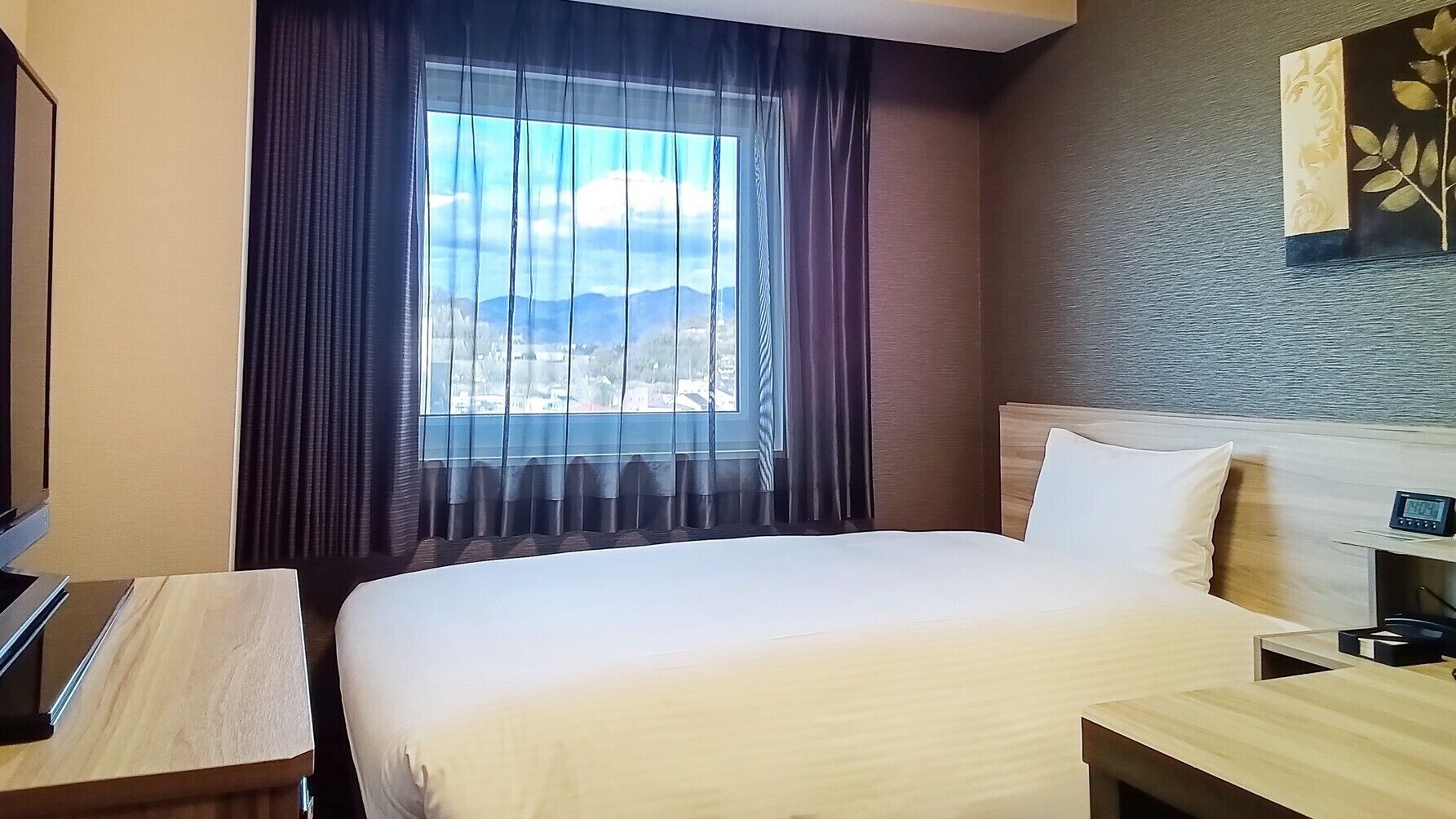 A hotel room with a bed, a bedside table, a TV, a window with curtains, and a view of the cityscape.