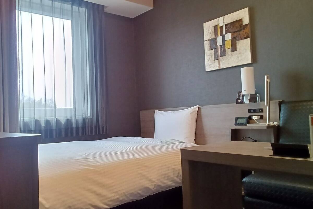 A hotel room with a bed, a desk, a chair, a bedside table, a lamp, and a wall-mounted artwork.
