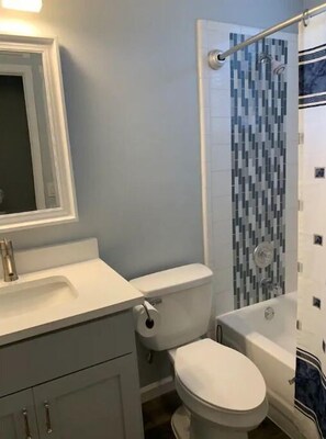 Combined shower/bathtub, hair dryer, towels, toilet paper