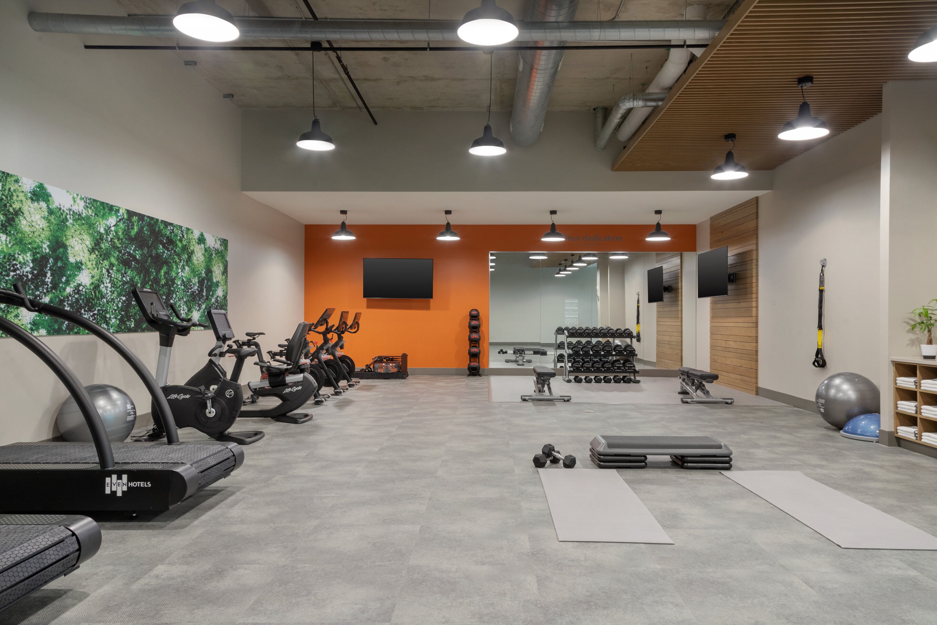 Une salle de sport équipée de tapis de course, d’haltères et de ballons d’exercice.