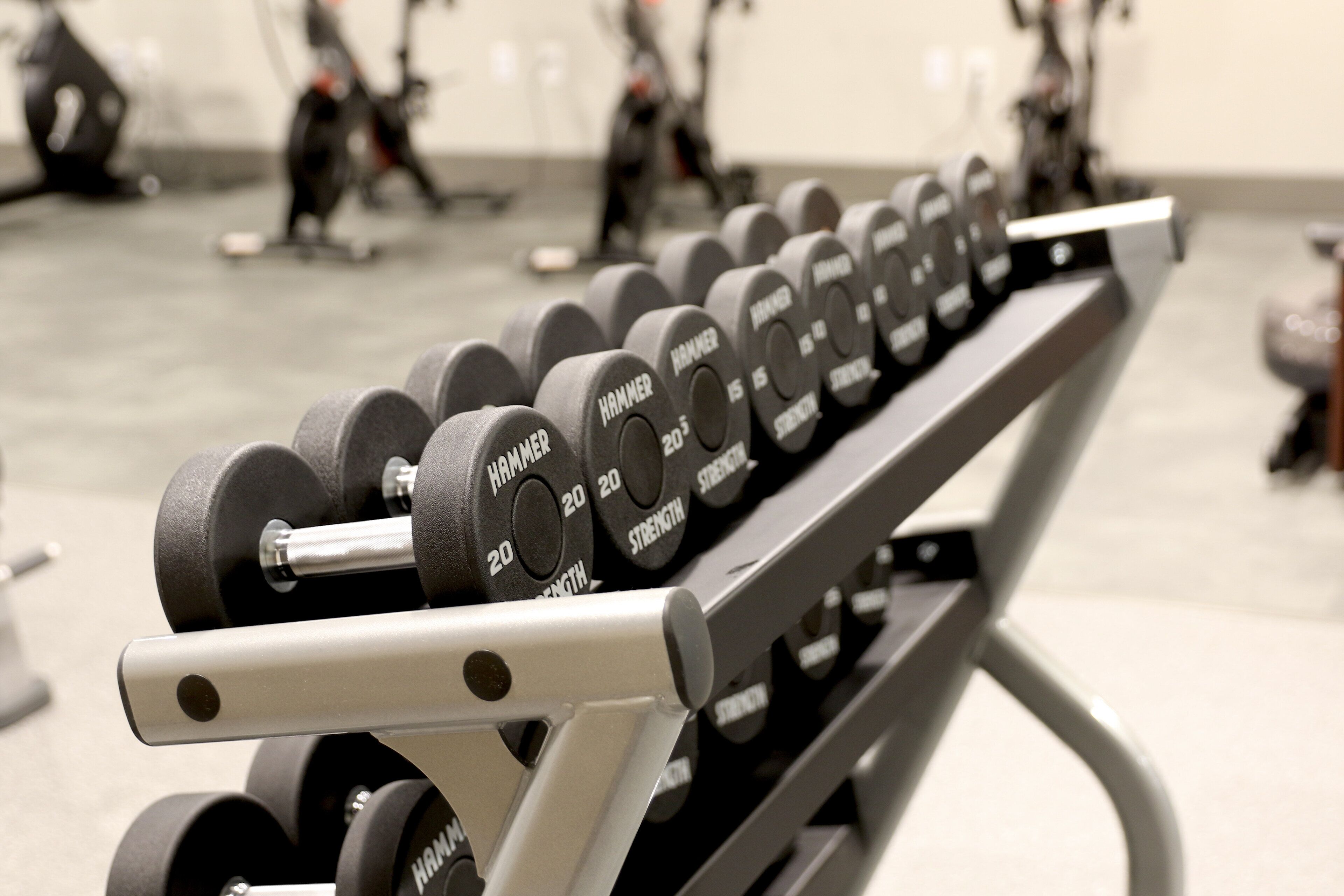A rack of dumbbells with weights labeled from 5 to 20 kilograms.