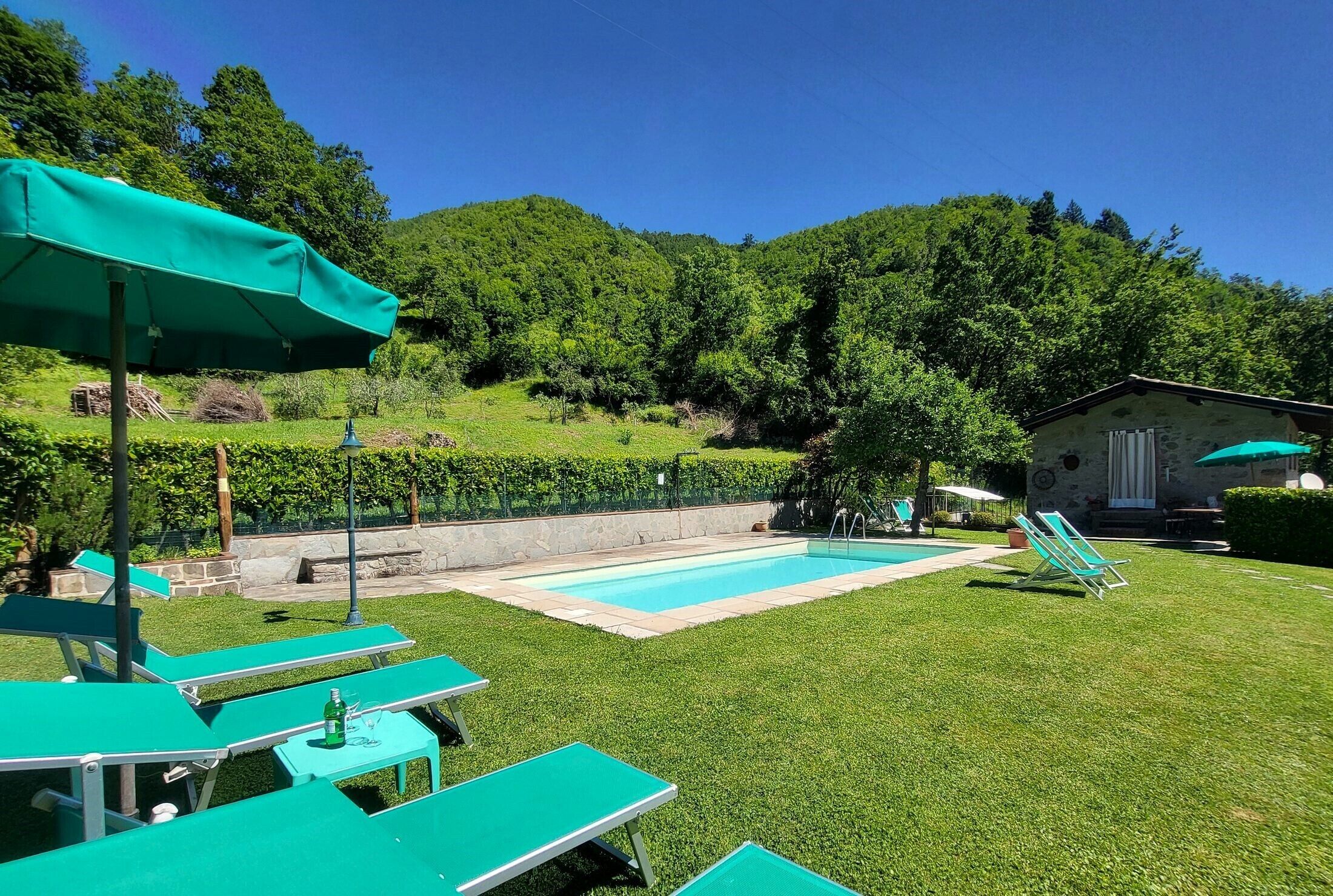 Un área de piscina con sillas de jardín verdes, una piscina pequeña y un muro de piedra.