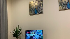 Ein Wohnzimmer mit einem Flachbildfernseher, der Netflix-Inhalte zeigt, einer Topfpflanze und zwei an der Wand befestigten Kunstwerken.