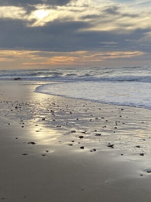 On the beach, sun-loungers