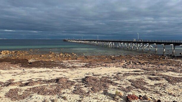 A beach with a pier extending into the sea, rocky shore, and overcast sky. - Paradise @ Port Hughes, 500M walk to beach, ALL LINEN & TOWELS PROVIDED (Port Hughes)