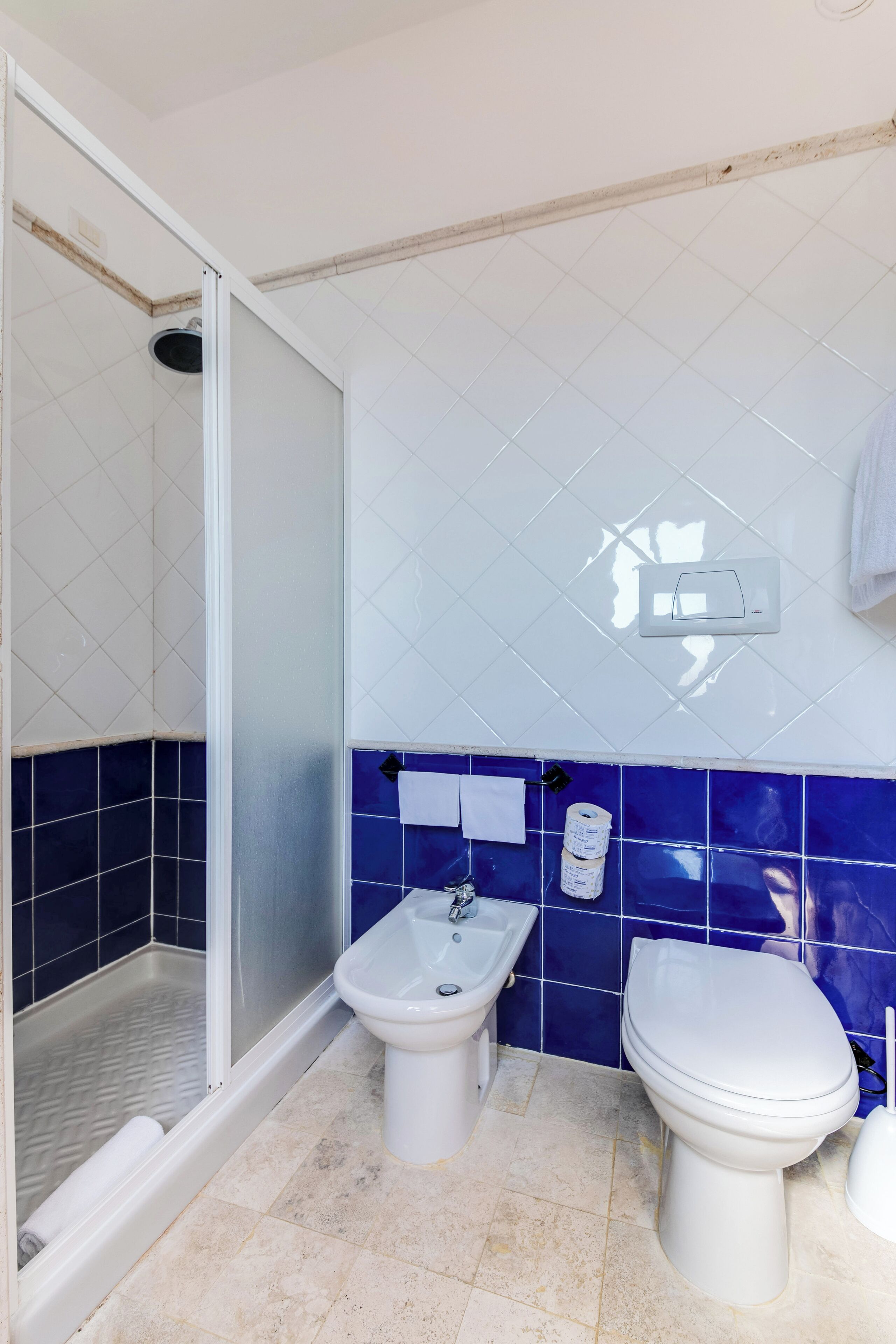 A bathroom with a shower, bidet, and toilet.