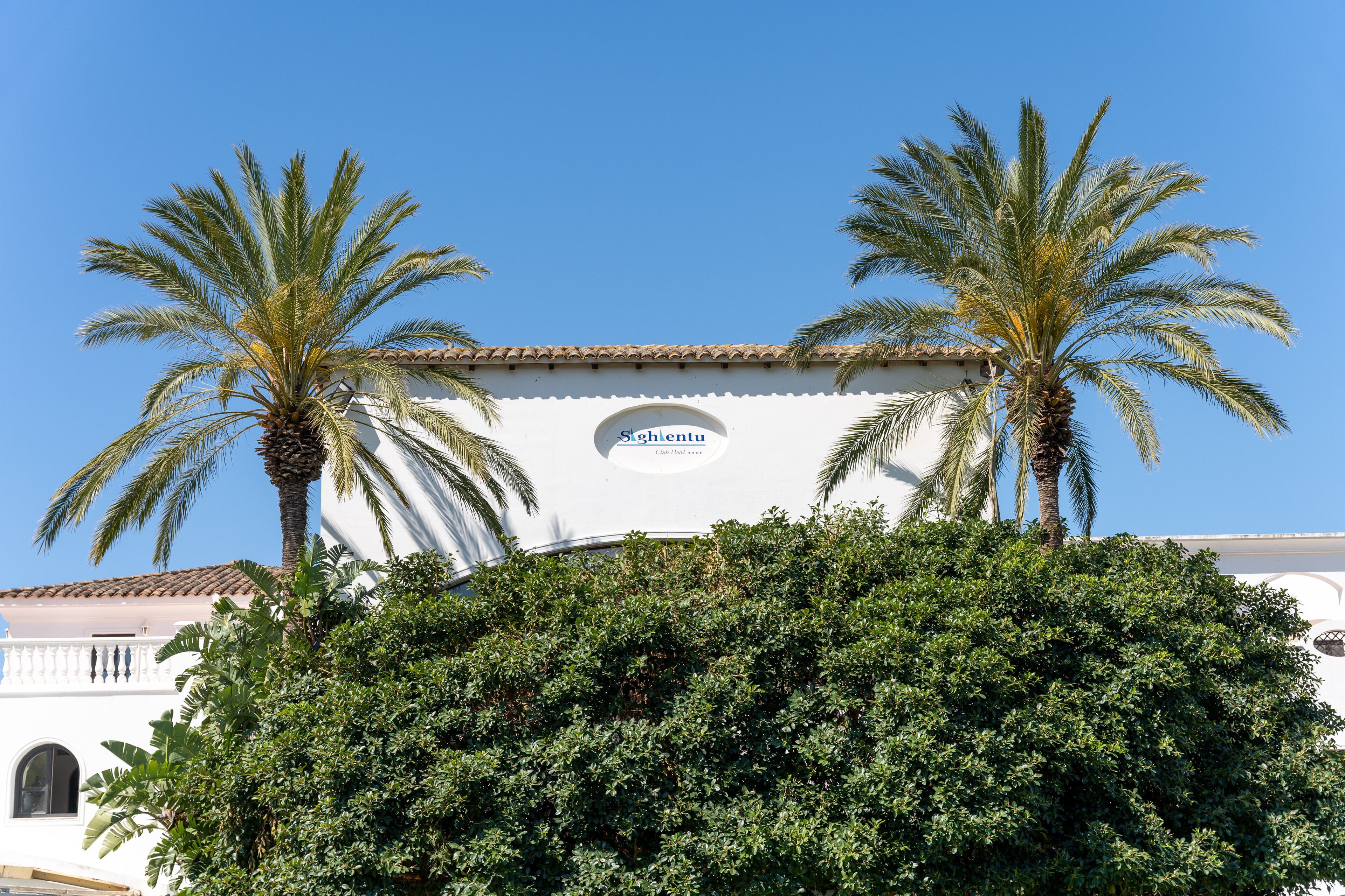 A building with a sign reading "Sghlentu" and two palm trees in front.