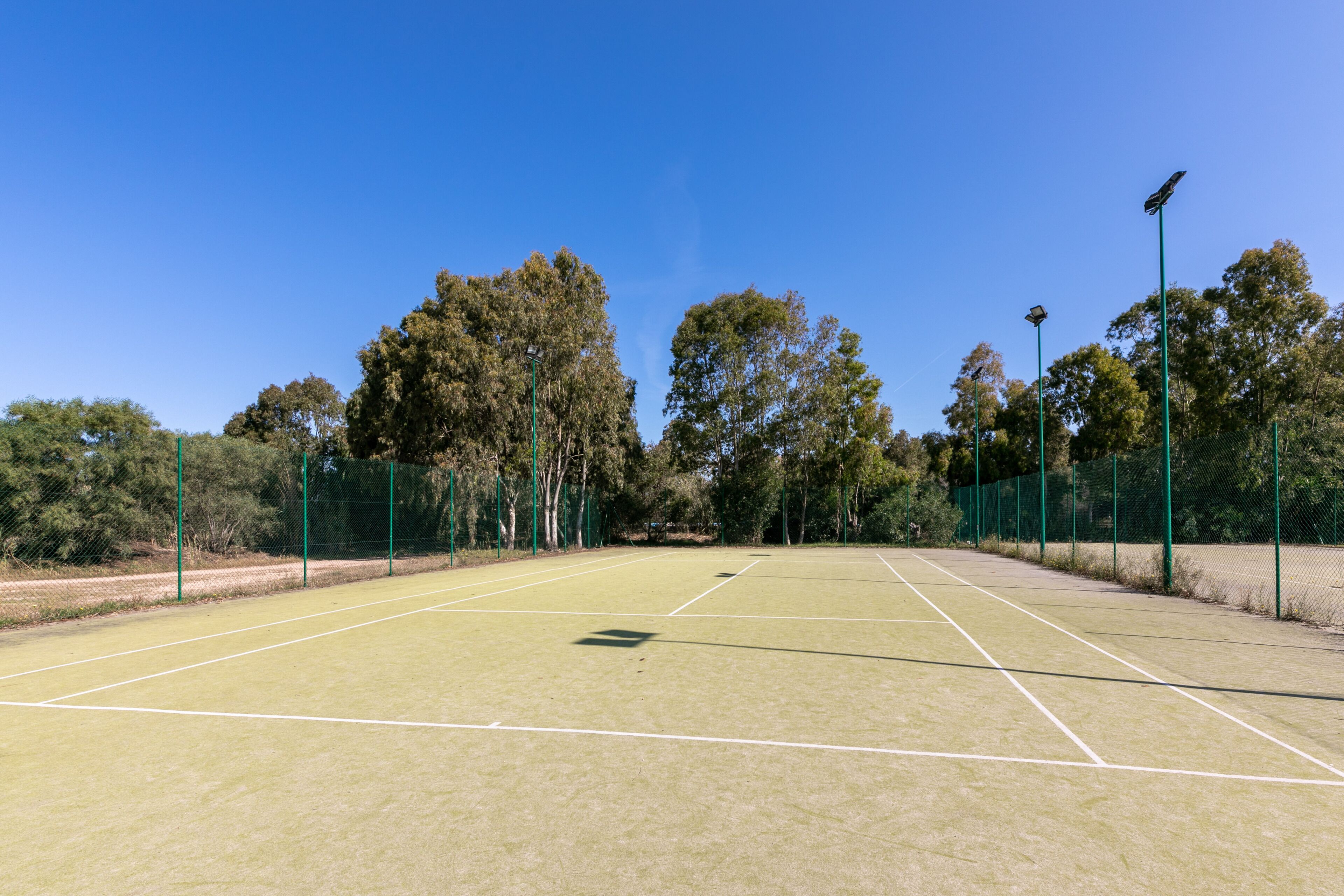 A tennis court with green fencing and trees in the background.