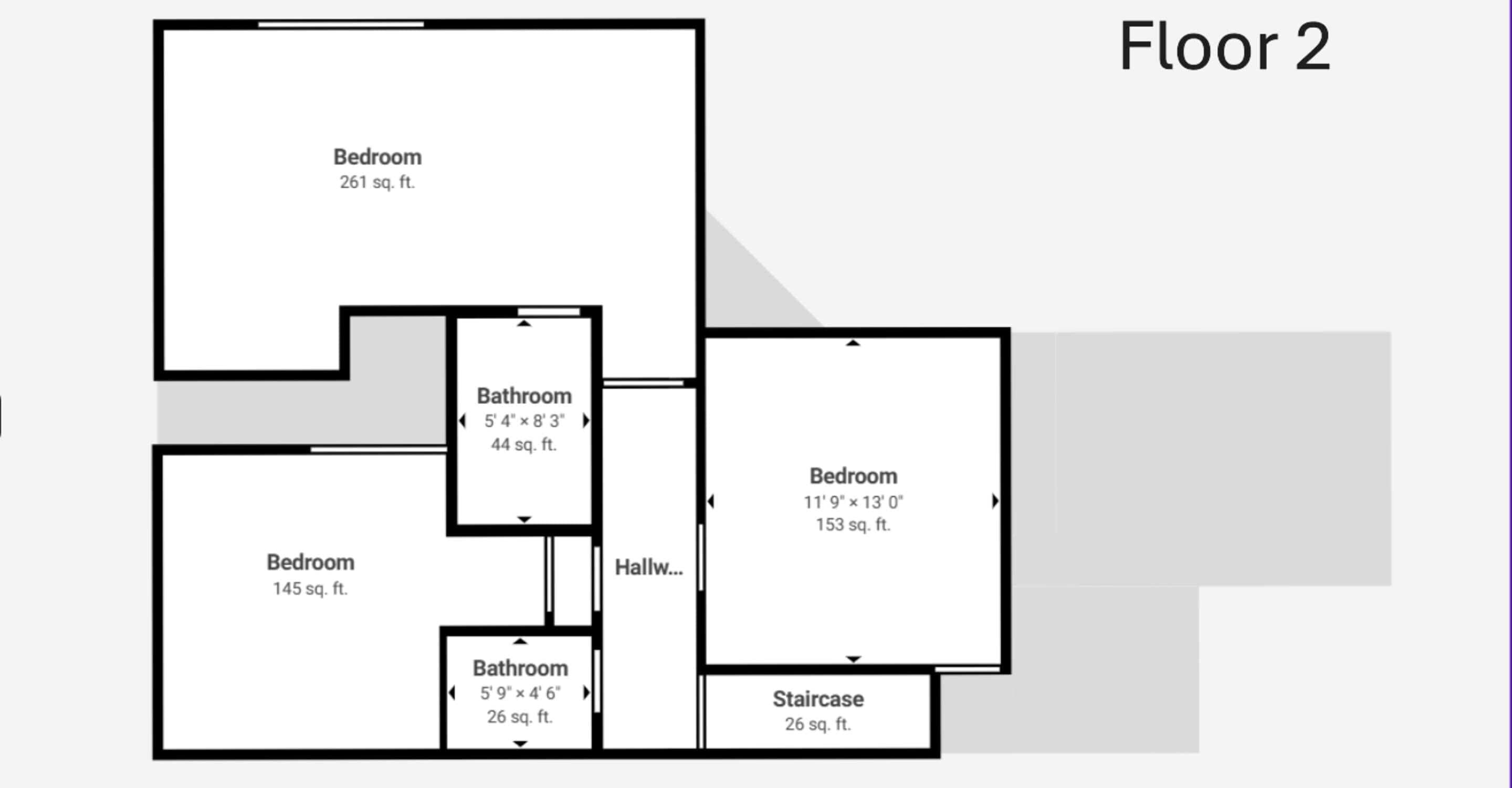 Een plattegrond van een gebouw met twee slaapkamers, twee badkamers, een gang en een trap.