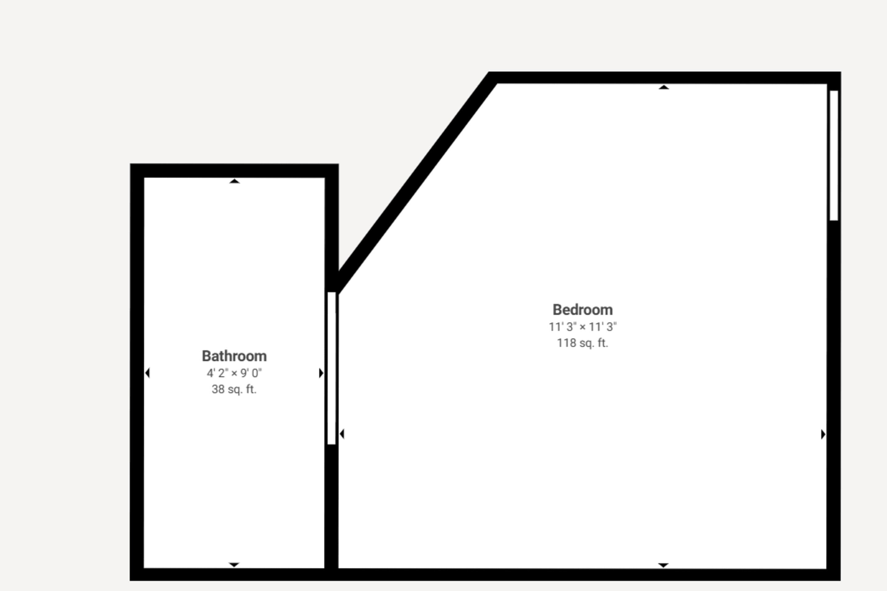 Pianta del pavimento che mostra un bagno di 1,30 metri per 2,75 metri e una camera da letto di 3,40 metri per 3,40 metri, per una superficie totale di 10,9 metri quadrati.