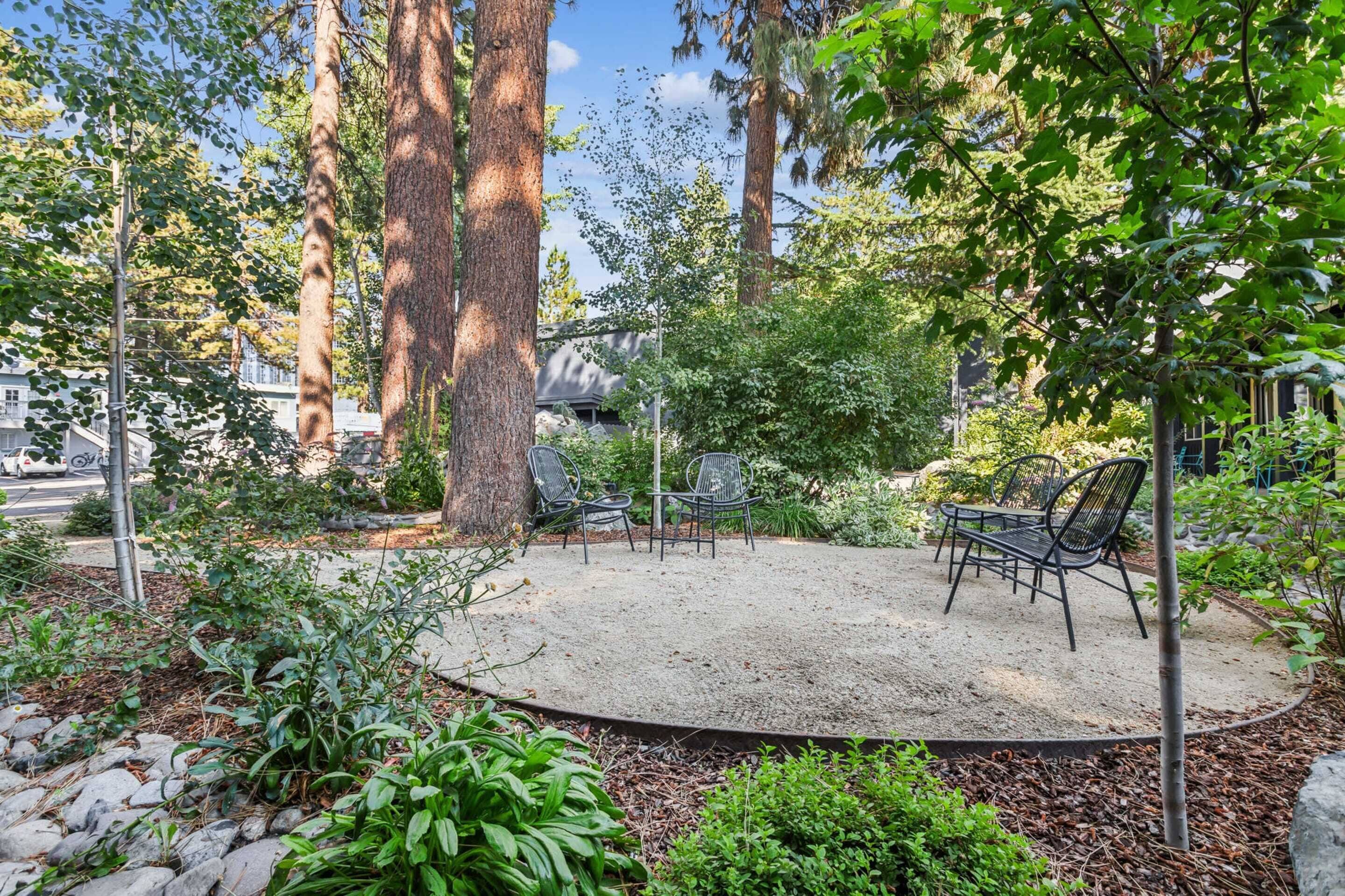A circular patio with a table and chairs, surrounded by trees and plants.