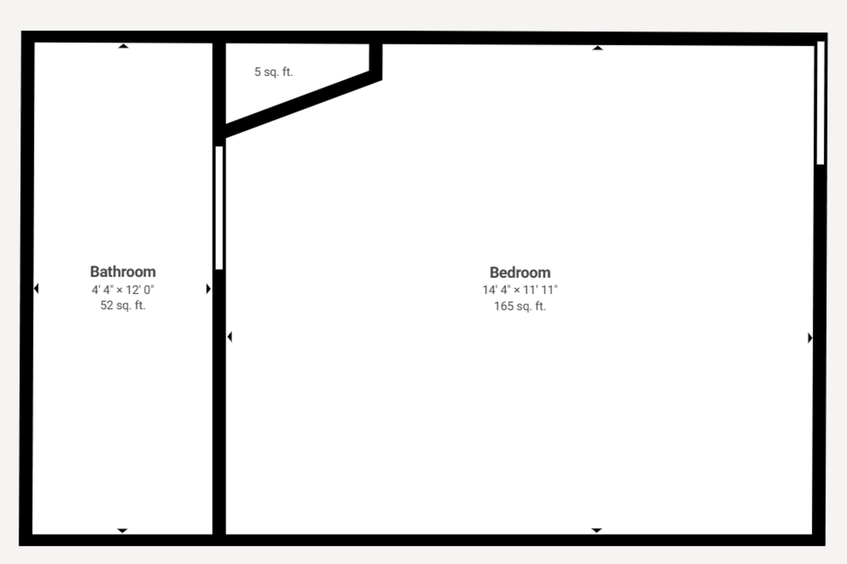Un plan d’étage comprenant une salle de bain de 1,32 m x 3,66 m et une chambre de 4,37 m x 3,63 m.