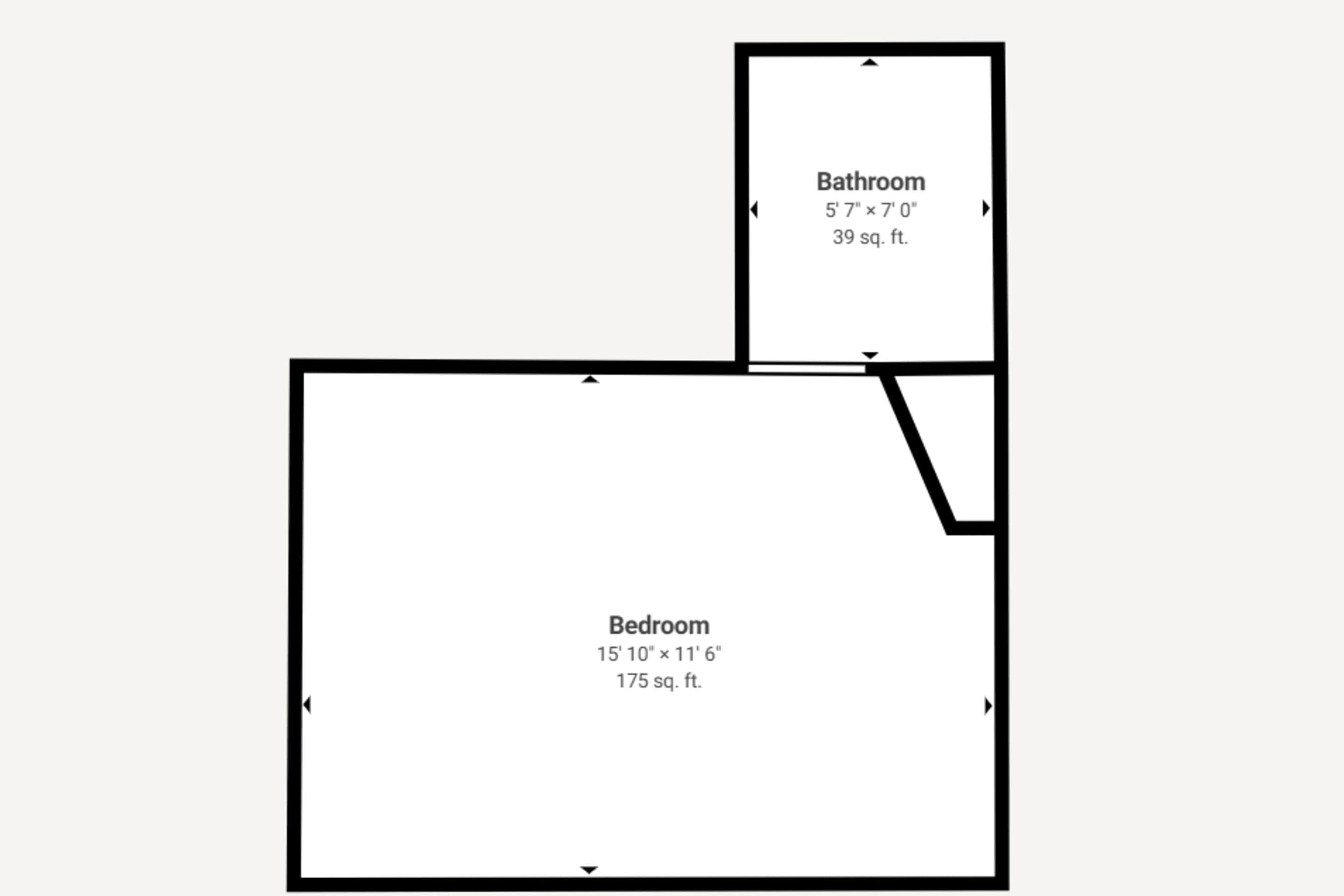 A floor plan with a bedroom measuring 15'10" x 11'6" and a bathroom measuring 5'7" x 7'0", totaling 39 sq. ft.