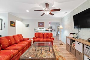Smart TV, fireplace, ping pong