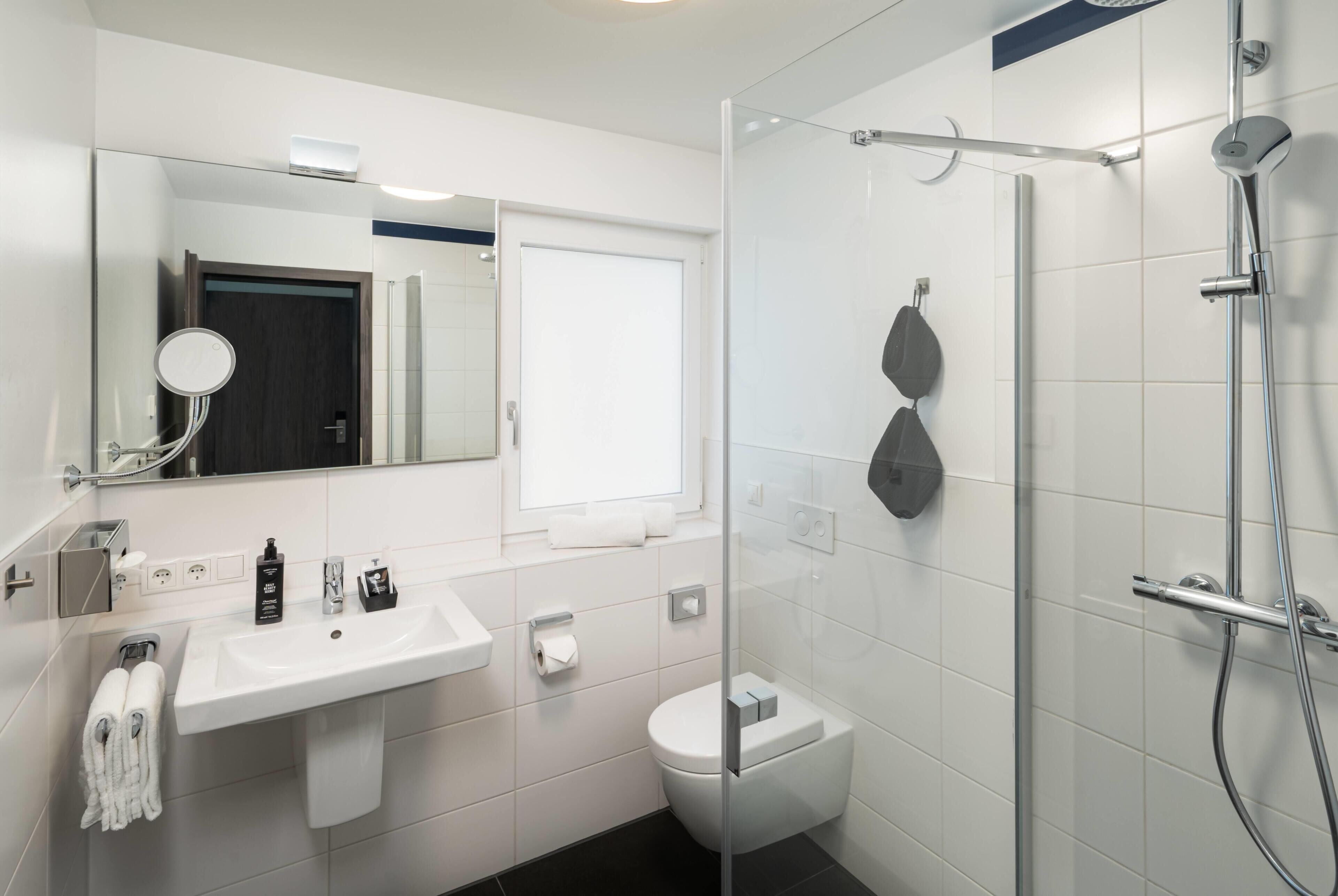 A modern bathroom with a glass shower enclosure, a white sink, and a toilet.