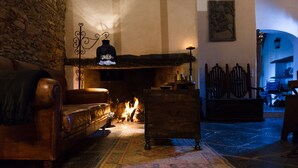 Uma sala de estar acolhedora com lareira, um sofá de couro e um tapete estampado.