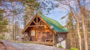 Une cabane rustique avec un toit végétalisé, des murs en bois et une véranda.