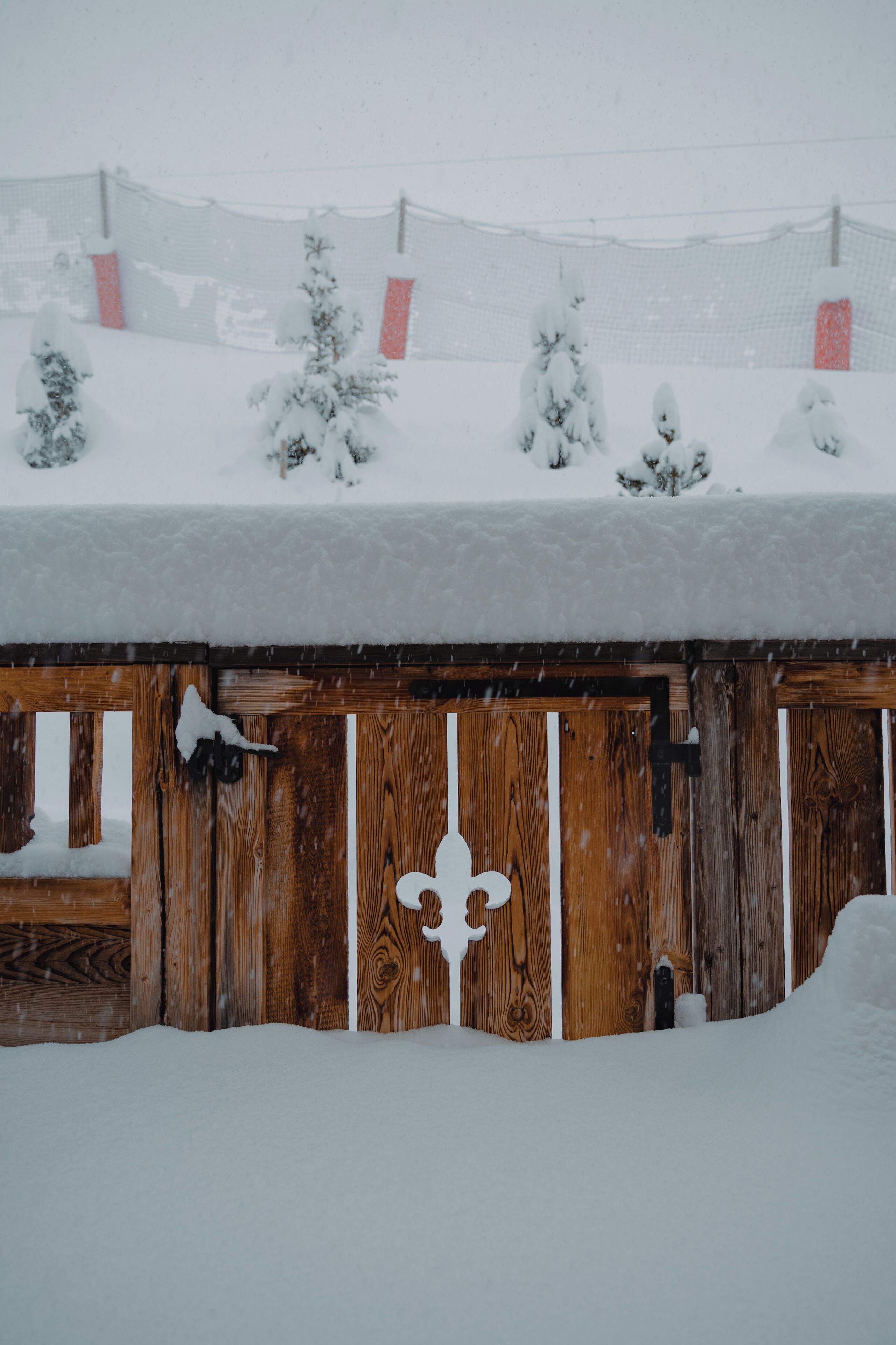 Una valla de madera con árboles cubiertos de nieve y un paisaje nevado.